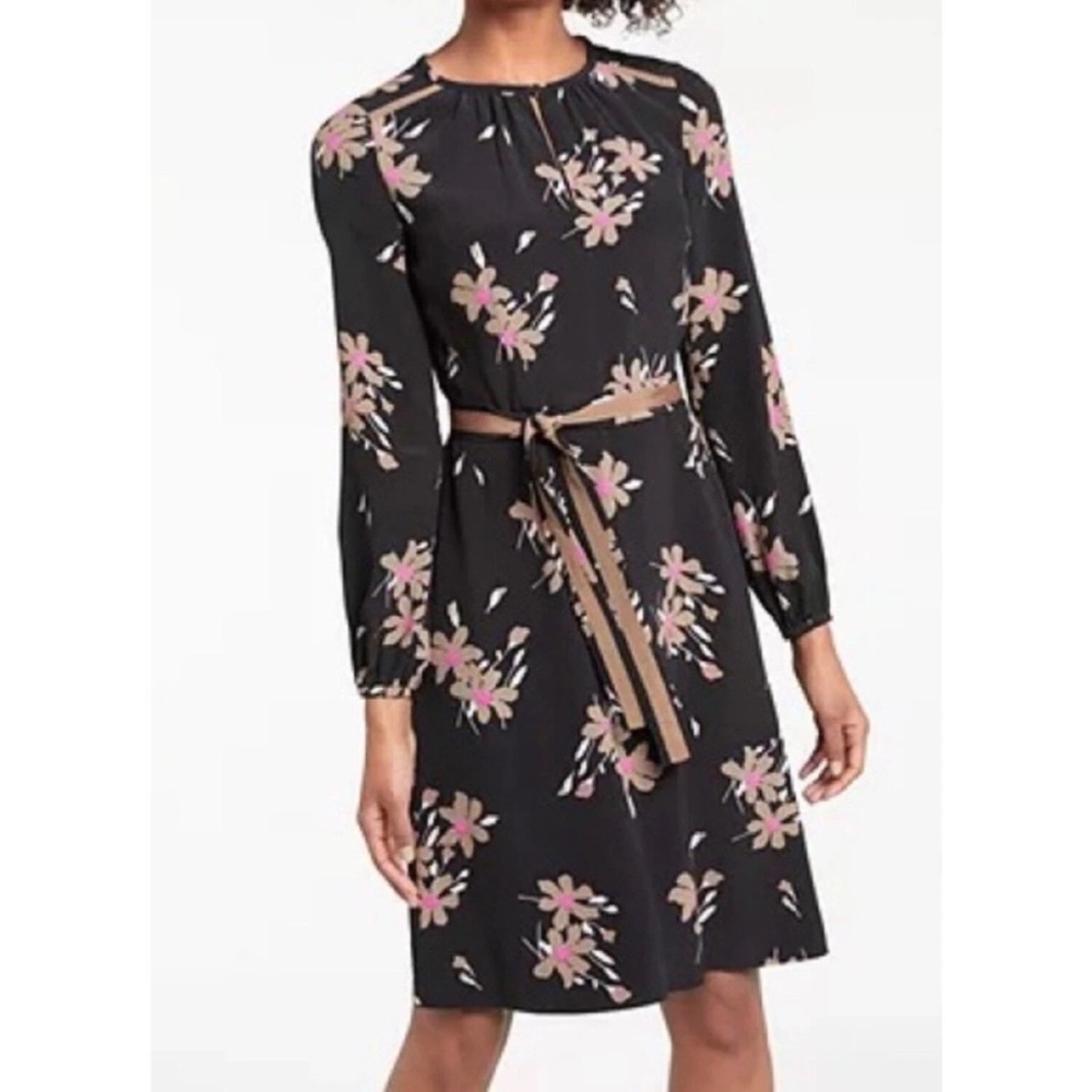 Boden Mara Belted Floral Print Midi Dress Black Bramble 8R Preppy Spring Modest